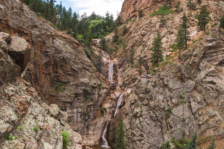 A Rocky Cliff Side With Trees With Seven Falls In The Background